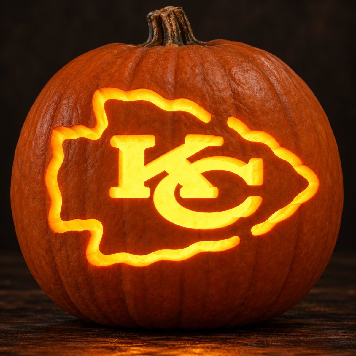 Illuminated jack-o-lantern carved with Kansas City Chiefs logo, glowing orange against dark background